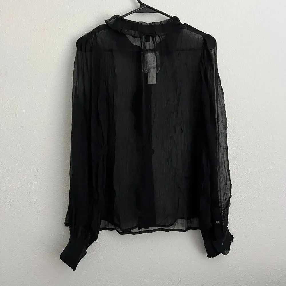 J Crew Ruffle Button Up Shirt In Crinkle Chiffon Womens Size 4 Sheer Black Flaws